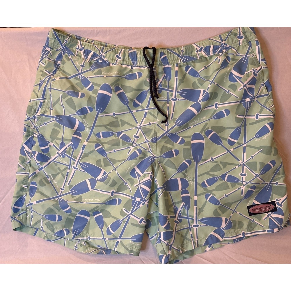 Vineyard Vines Men's Swim Trunks Mint Green with Blue Oars Tie Waist Medium M